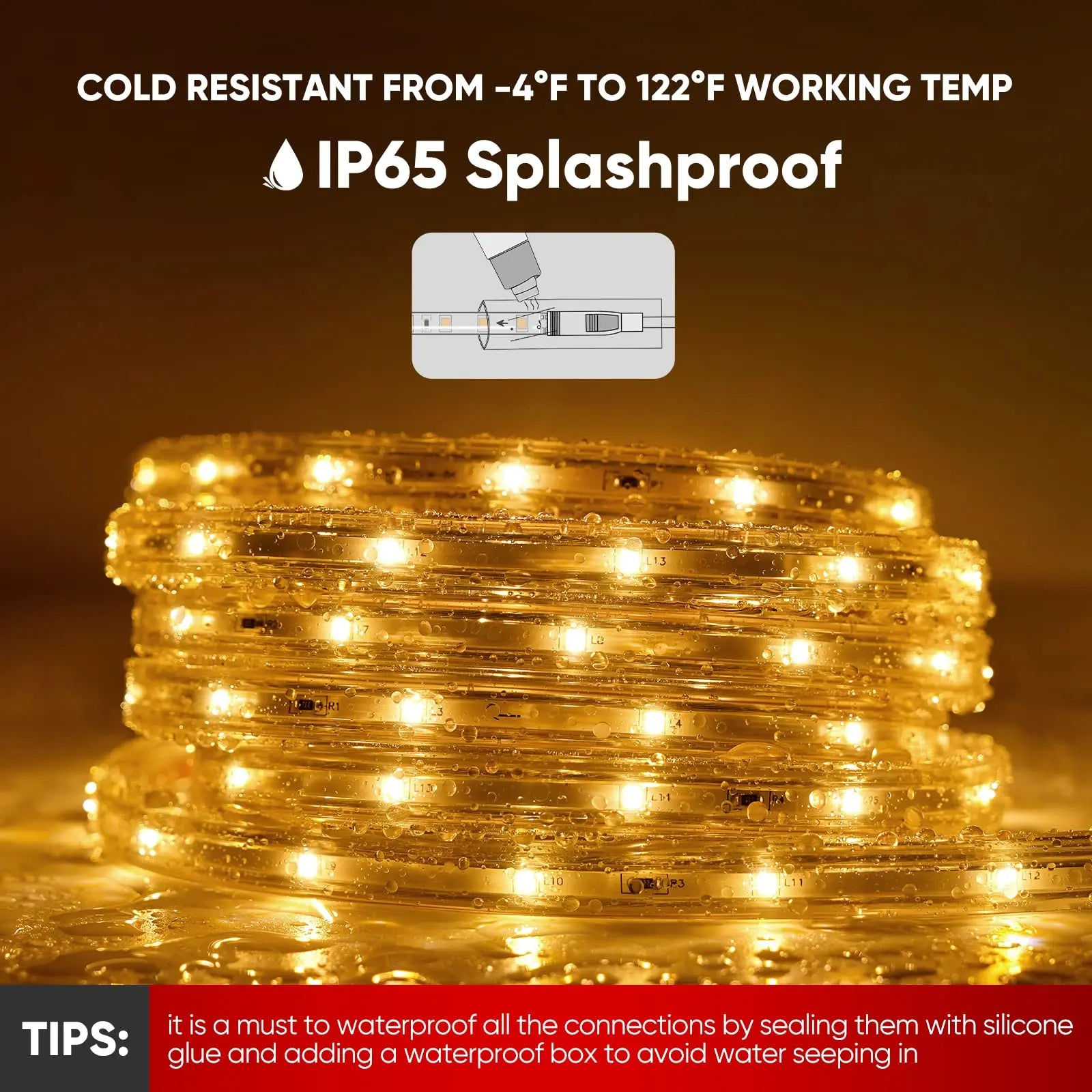 12W Low Consumption Led Light AC120V Cold Resistant IP65 Waterproof Cuttable Connectable ETL 7x10mm 2800K Led Strip Light