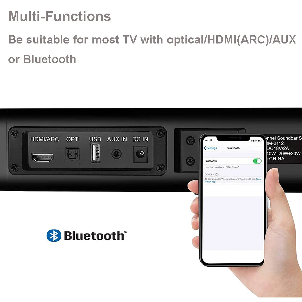 Small Sound Bar for TV with Wireless, RCA, USB, Opt, AUX Connection, Mini Sound/Audio System for TV Speakers/Home Theater