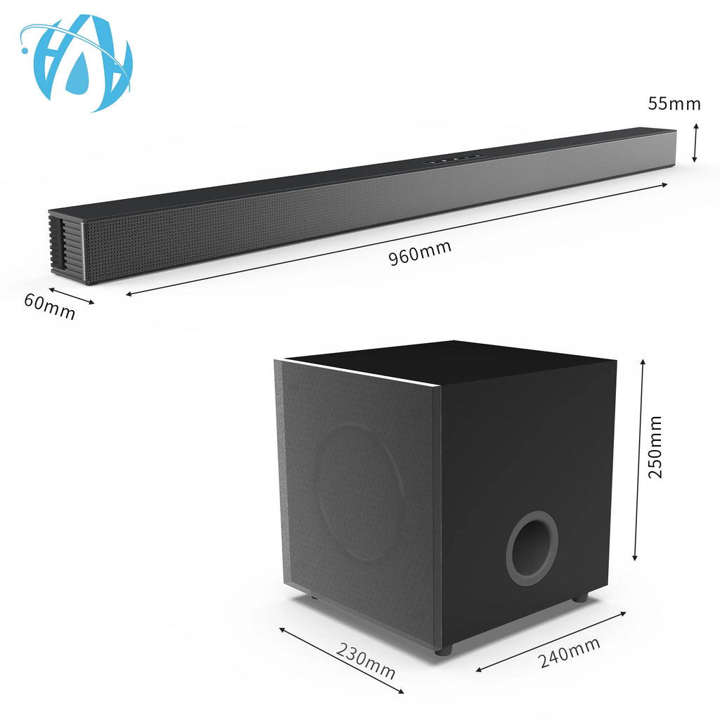Audio Signa FM Ultra-Slim TV Sound Bar Wireless Subwoofer, Includes ARC & Optical Cables, Bluetooth Enabled, Black