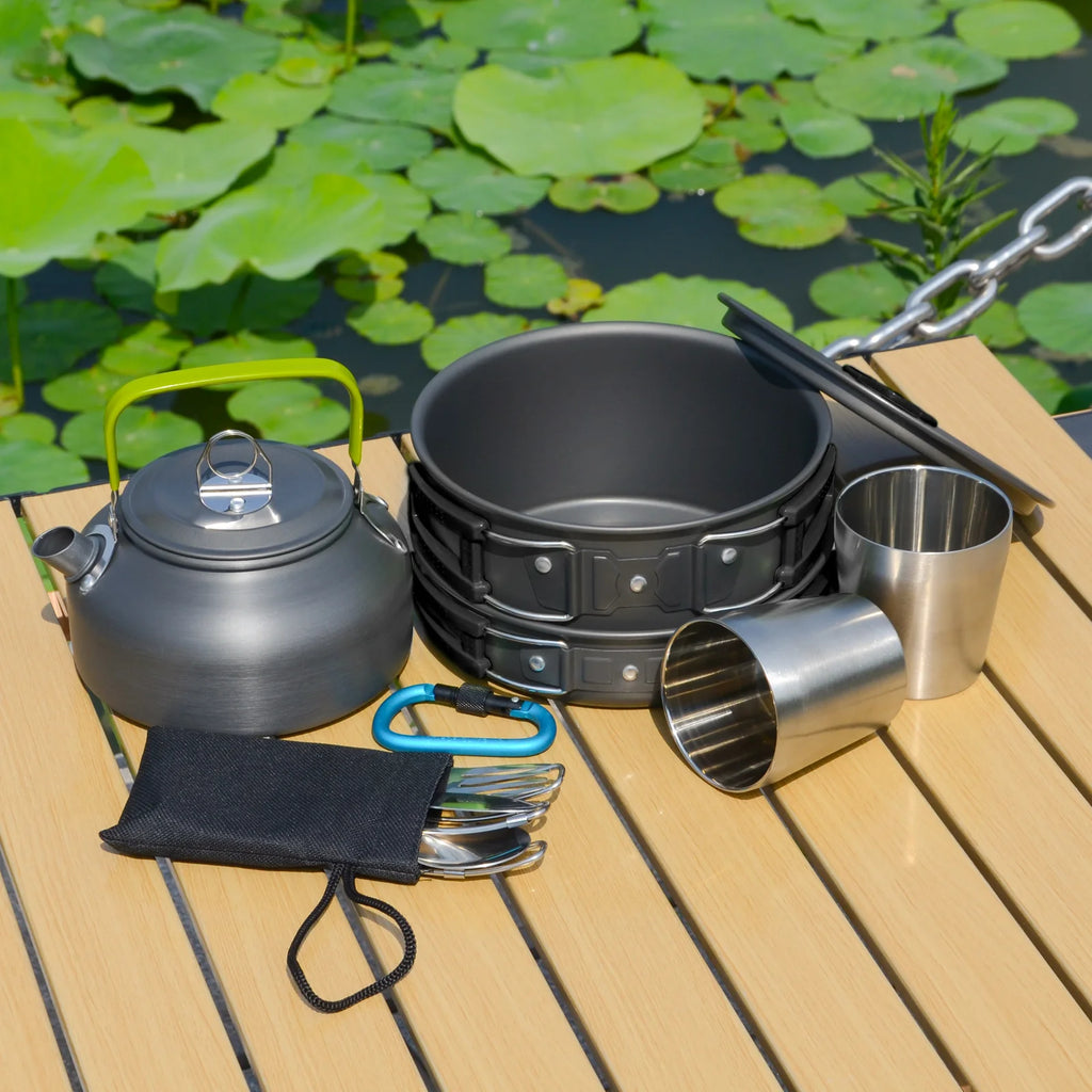11piece Induction Compatible Outdoor Cookware Set with Stainless steel cup for Easy Backpacking Picnic & Camping
