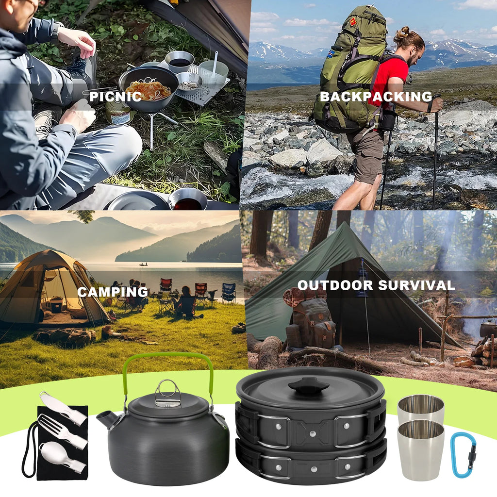 11piece Induction Compatible Outdoor Cookware Set with Stainless steel cup for Easy Backpacking Picnic & Camping