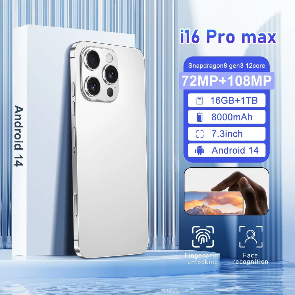 2024 New Arrival Original I16 Phone 16 Pro Max 5G 7.3Inches 16GB+1TB Deca Core CPU 108MP Rear Camera LTE Cellular English