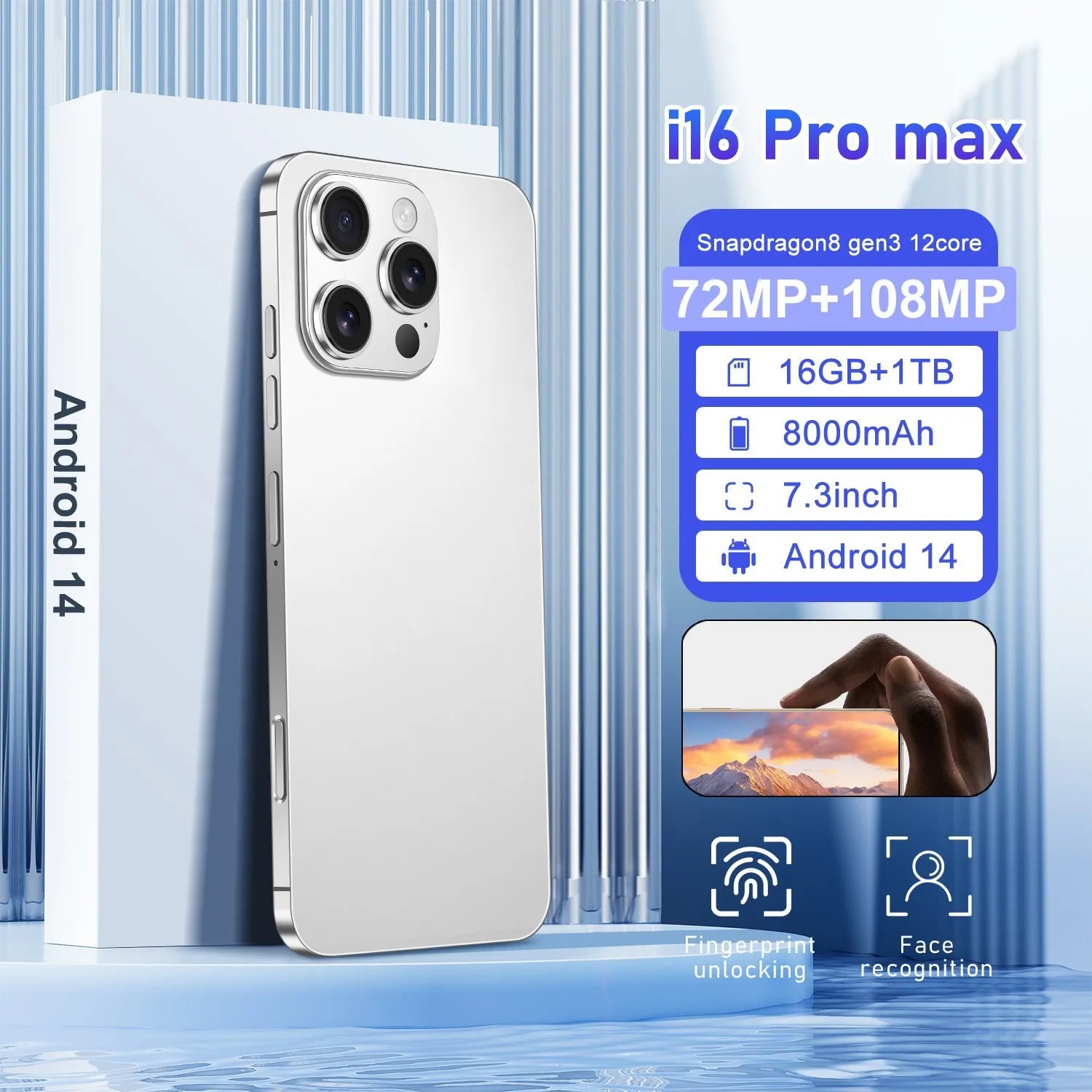 2024 New Arrival Original I16 Phone 16 Pro Max 5G 7.3Inches 16GB+1TB Deca Core CPU 108MP Rear Camera LTE Cellular English