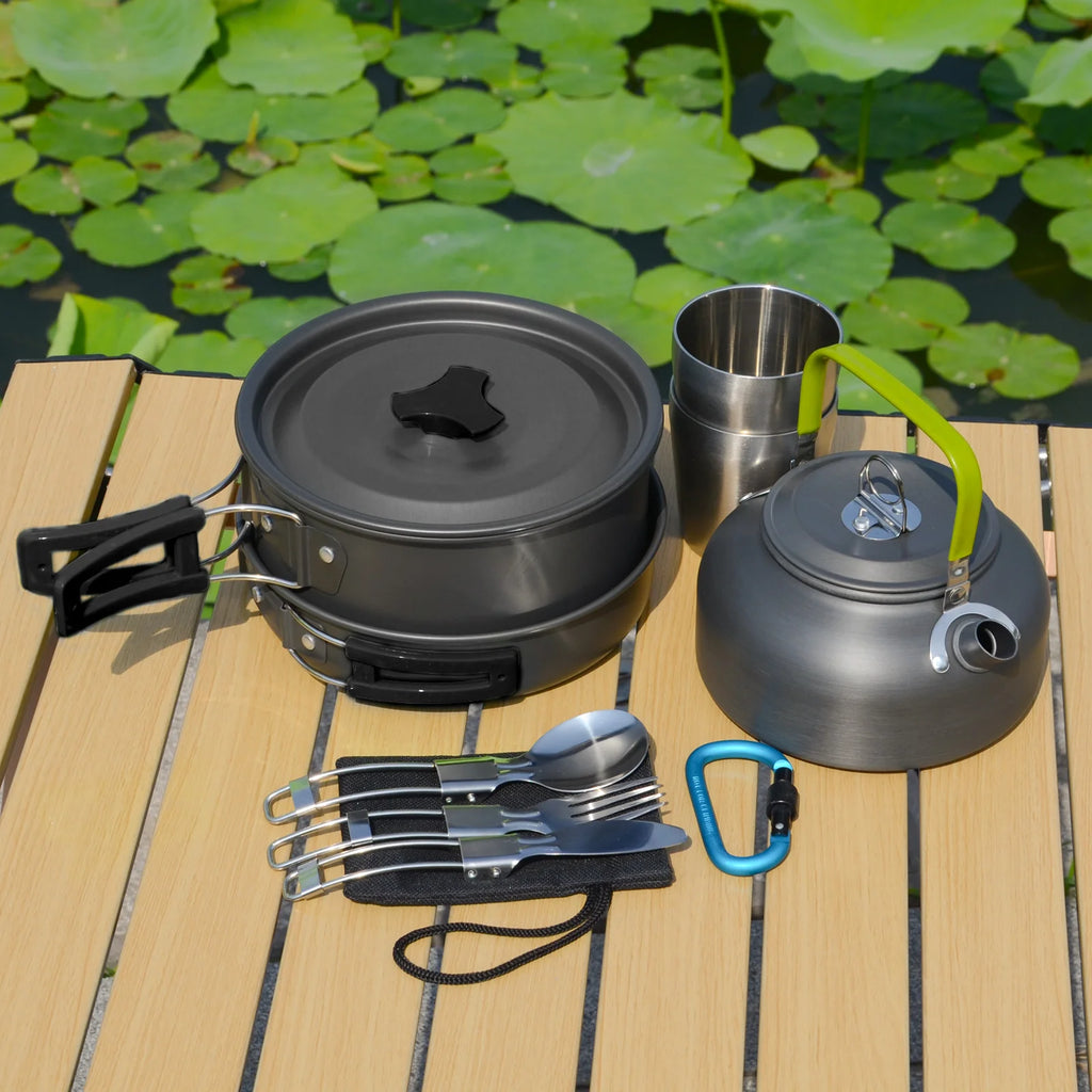 11piece Induction Compatible Outdoor Cookware Set with Stainless steel cup for Easy Backpacking Picnic & Camping