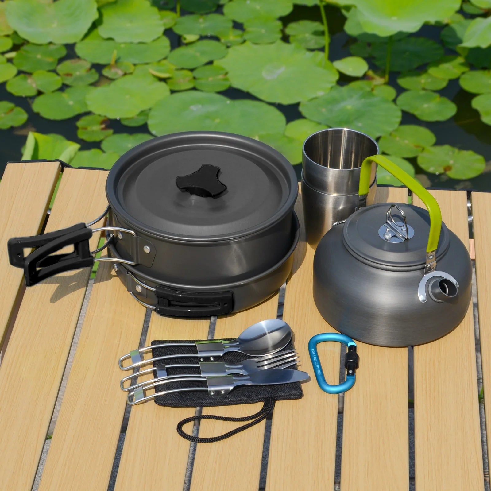 11piece Induction Compatible Outdoor Cookware Set with Stainless steel cup for Easy Backpacking Picnic & Camping