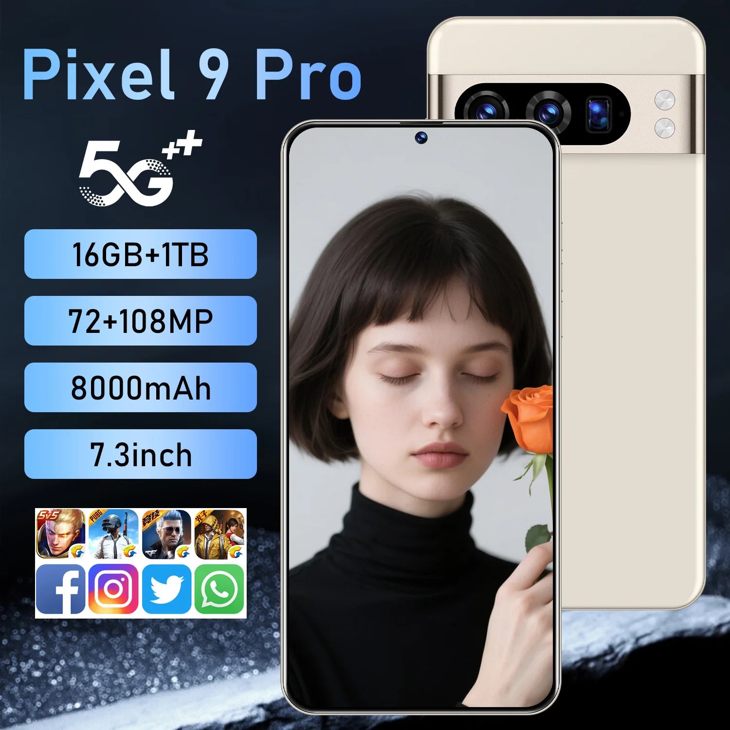 Hicyber P9 Pro Gaming Large Screen Phone with 108MP Camera LTE 16GB+1TB RAM/ROM Android 14 Display Face Recognition & Dual SIM