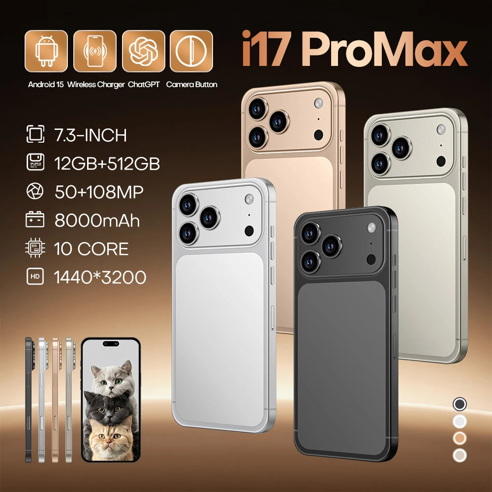 Unclocked I New Phone 17 Pro Max 5G Smartphone 64MP Triple Camera 12GB+512GB 4800mAh Wireless Charge Global Version Cellphone