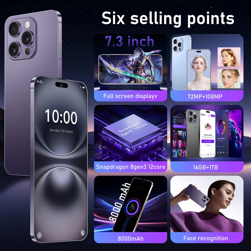 2024 New Arrival Original I16 Phone 16 Pro Max 5G 7.3Inches 16GB+1TB Deca Core CPU 108MP Rear Camera LTE Cellular English