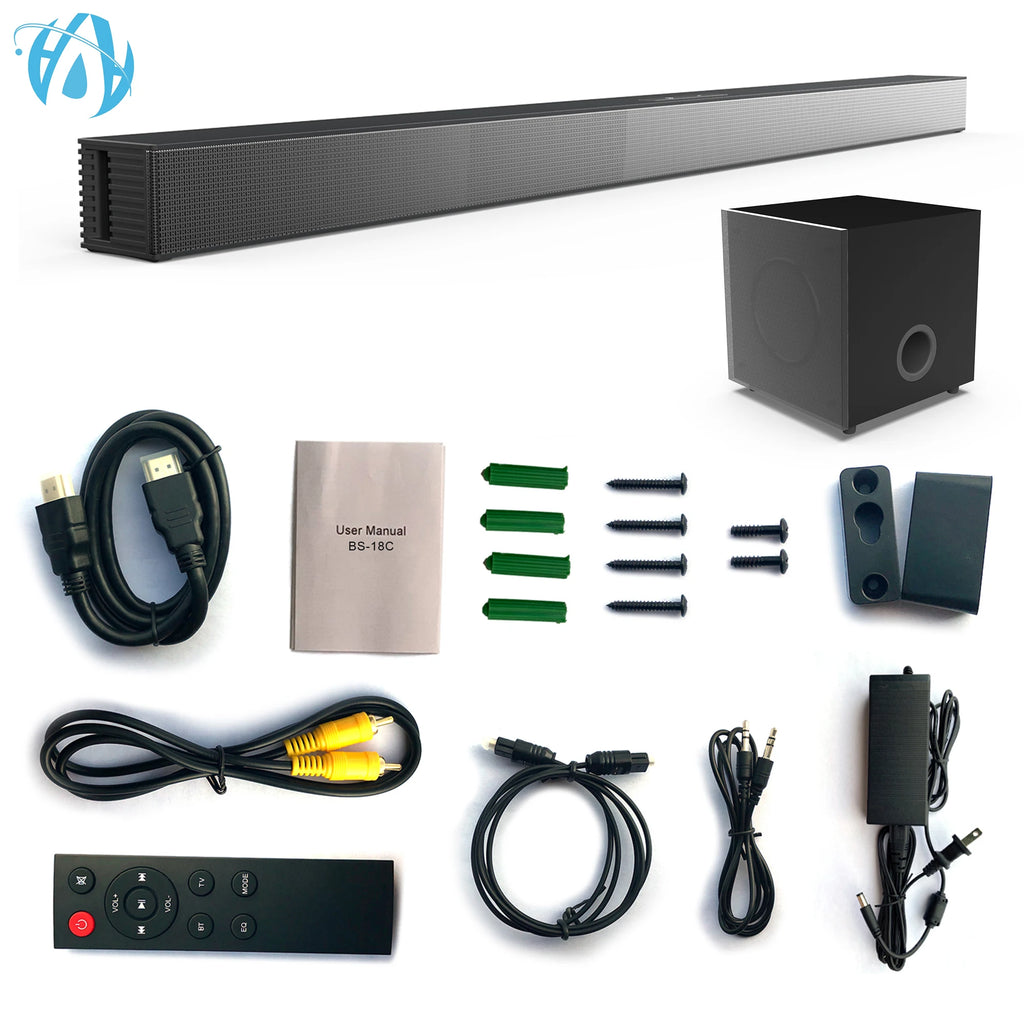 Audio Signa FM Ultra-Slim TV Sound Bar Wireless Subwoofer, Includes ARC & Optical Cables, Bluetooth Enabled, Black