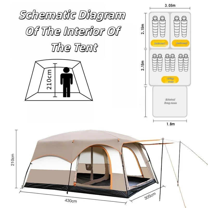 Large Space Waterproof Four-Season Outdoor Camping Tent One Bedroom One Living Room 210D Oxford Iron Frame