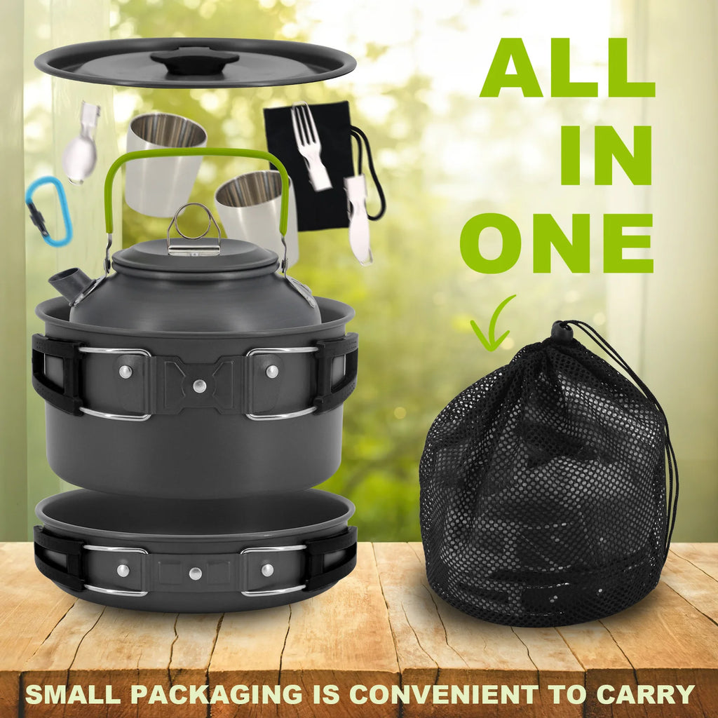 11piece Induction Compatible Outdoor Cookware Set with Stainless steel cup for Easy Backpacking Picnic & Camping