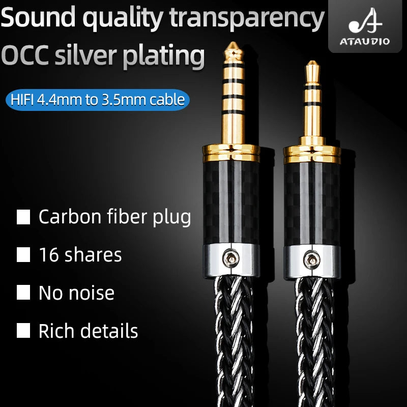 ATAUDIO HiFi 4.4mm to 3.5mm Audio Cable High Quality 16 Shares OCC Sliver Plated 4.4mm to 3.5mm Jack Balance Cable for Amplifier