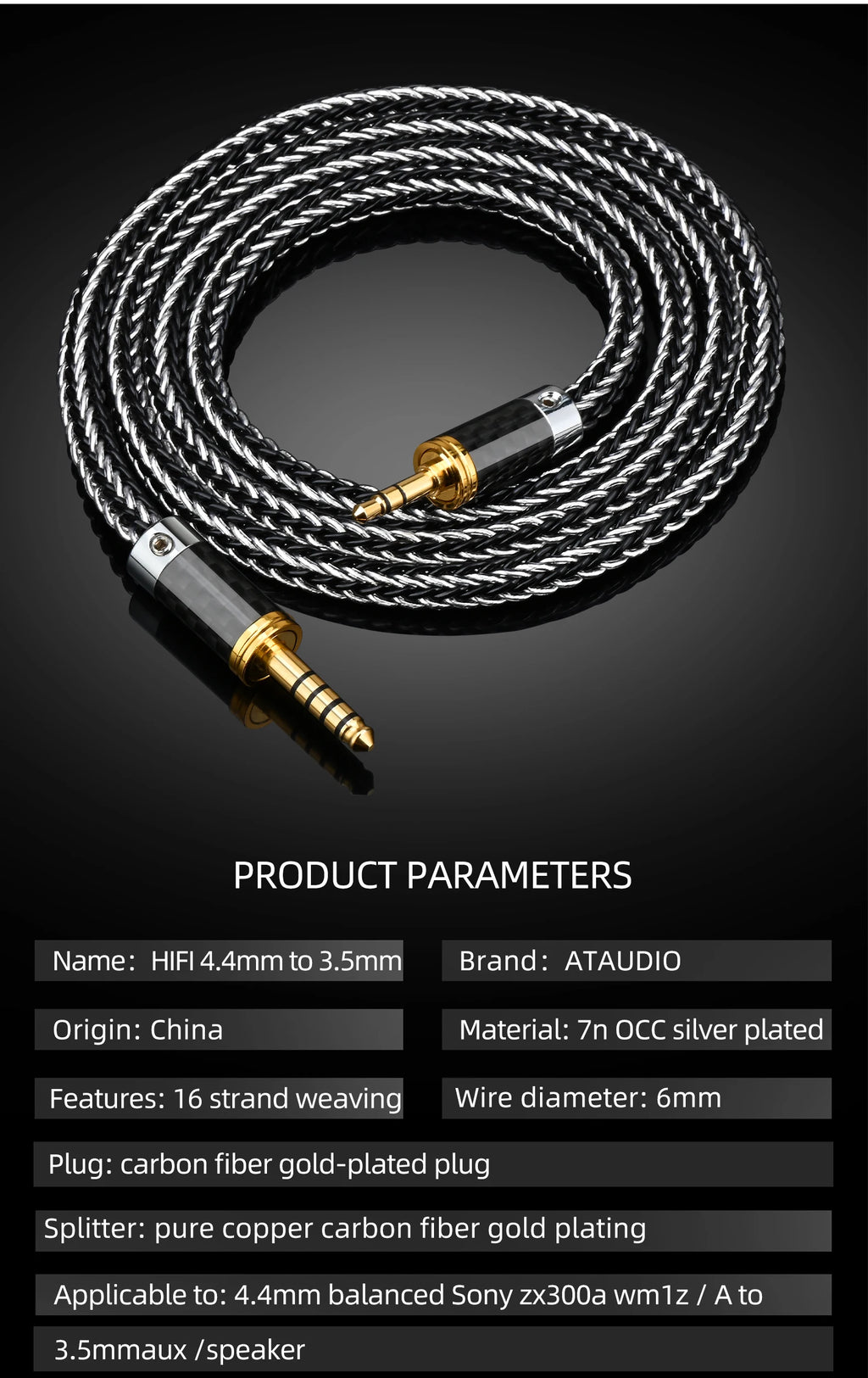 ATAUDIO HiFi 4.4mm to 3.5mm Audio Cable High Quality 16 Shares OCC Sliver Plated 4.4mm to 3.5mm Jack Balance Cable for Amplifier