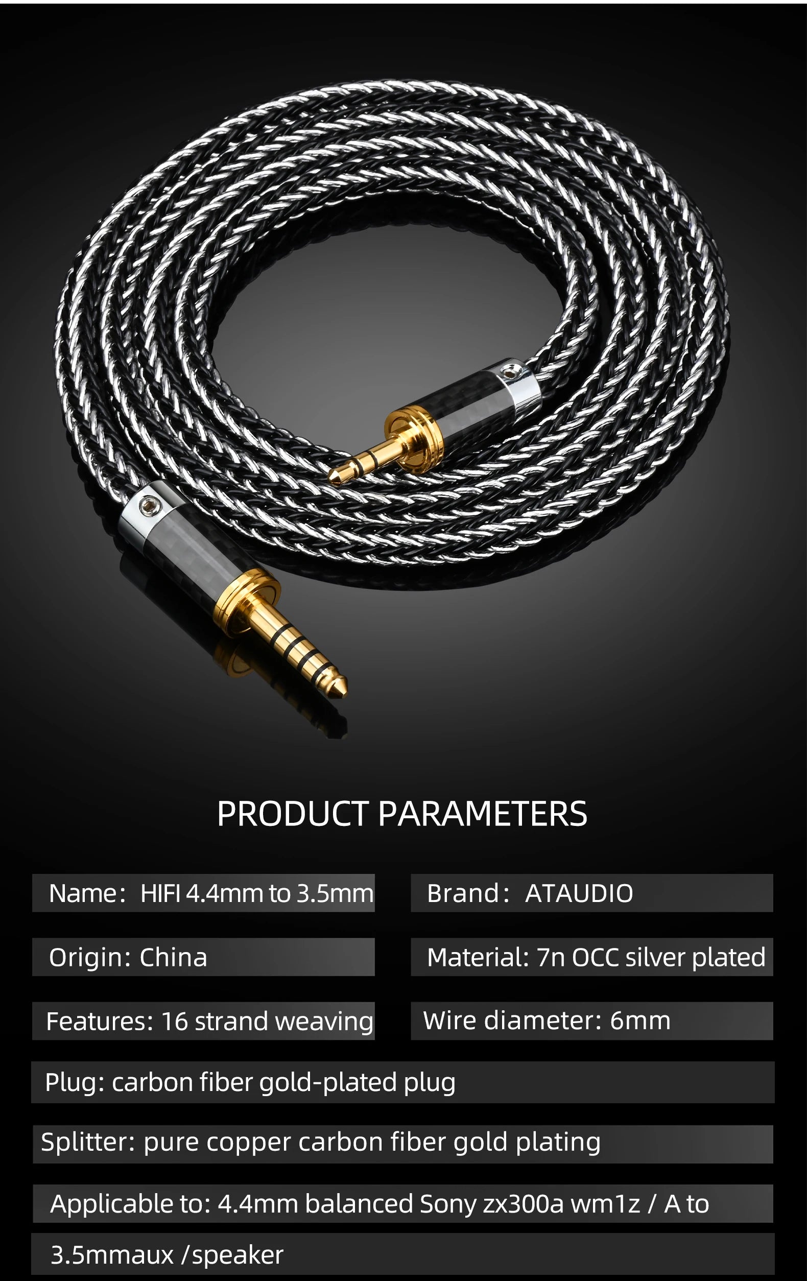 ATAUDIO HiFi 4.4mm to 3.5mm Audio Cable High Quality 16 Shares OCC Sliver Plated 4.4mm to 3.5mm Jack Balance Cable for Amplifier